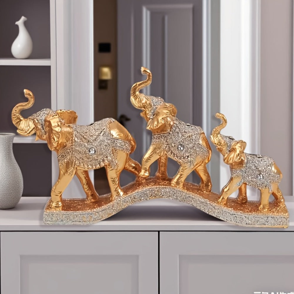 Golden Elephant Figurine Set of 3 - Lucky Elephant Statue Home Decor, Resin Elephant Family Sculpture for Living Room TV Cabinet Office Desktop, Wealth Attracting Housewarming Gift, 14 Inch