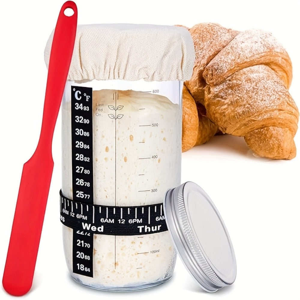 Sourdough Starter Jar 24oz with Lid & Accessories Kit | Glass Bread Starter Container with Silicone Scraper, Thermometer Strip, Date Feeding Band, Cloth Cover & Wood Lid ¨C Reusable Fermentation Jar