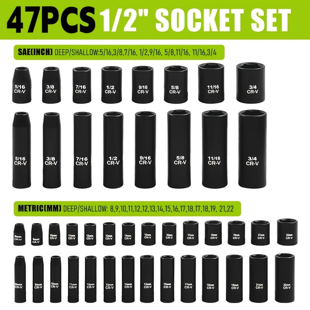 Impact Socket Set ¨C 53-Piece Tool Set, 47-Piece 3/8¡± Drive & 34-Piece 1/2¡± Drive, SAE & Metric Sizes, 6-Point CR-V with Ratchet Handle, Extension Rod & Connector for Auto Repair & DIY
