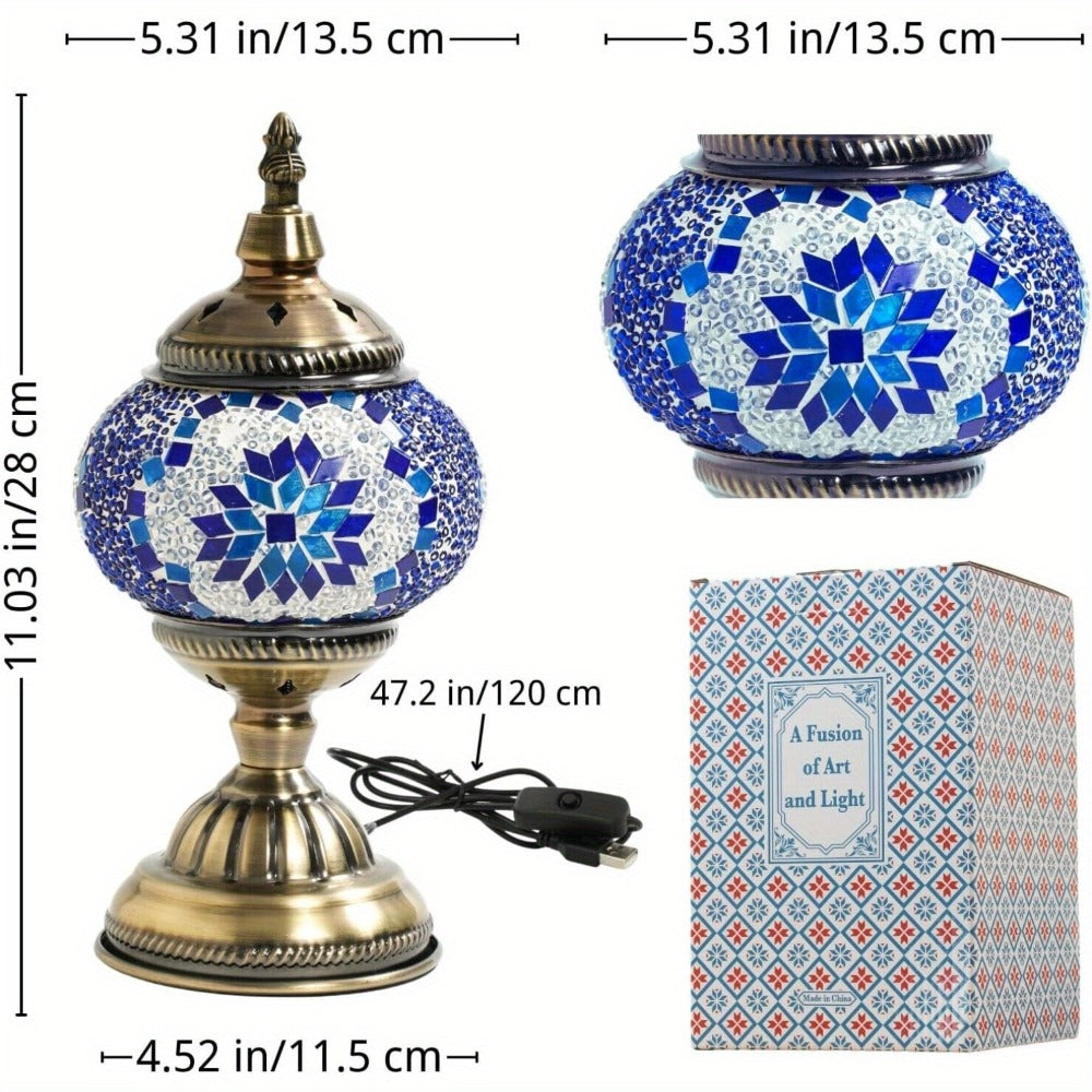 Turkish Moroccan Mosaic Table Lamp Handmade Crystal Glass Spherical Shade 3-Color Adjustable Bedside Night Light Metal Base Bulb Included for Bedroom Living Room Boho Home Decor Gift
