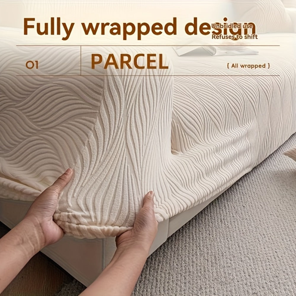 Polar Fleece Sofa Cover Modern Jacquard Elastic Slip-Resistant All Season Furniture Protector for Living Room Office Bedroom - 1 2 3 4 Seater with Free Matching Pillowcase