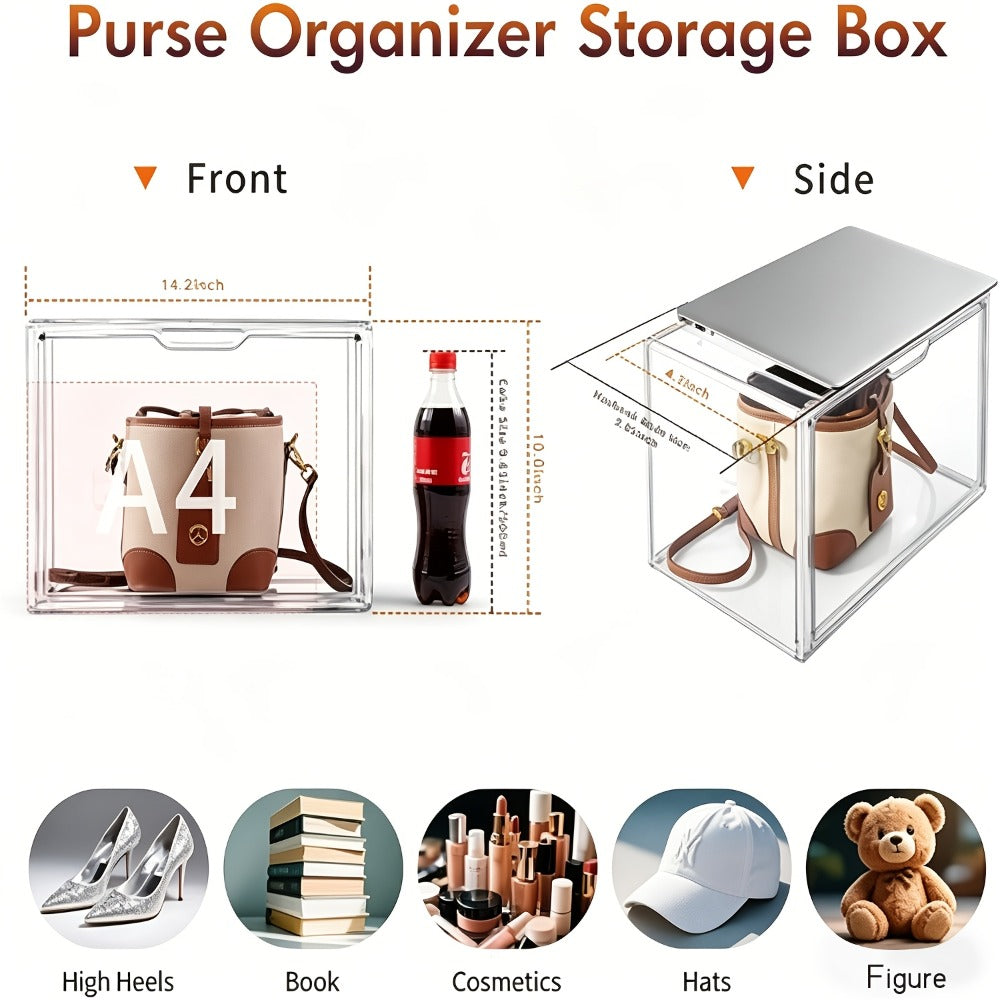 Clear Purse Organizer for Closet ¨C Transparent Acrylic Handbag Display Case with Magnetic Door, Dustproof Stackable Storage Box for Purses, Bags, Collectibles & Cosmetics, Set of 3