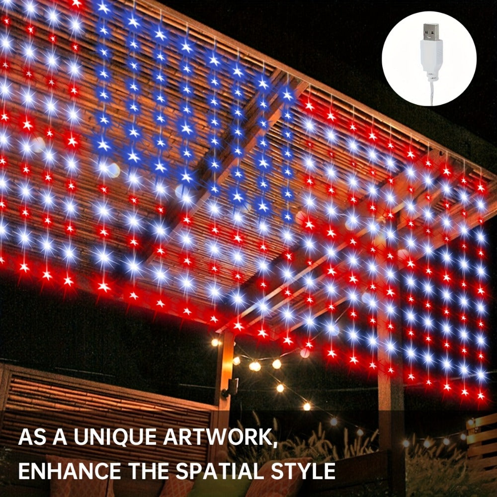 American Flag LED Curtain Lights 242 LEDs USB Powered, 4th of July Patriotic Decorations for Home Porch Garden Courtyard, Independence Day National Holiday Indoor Decor for Mall, Store, Coffee Shop Display