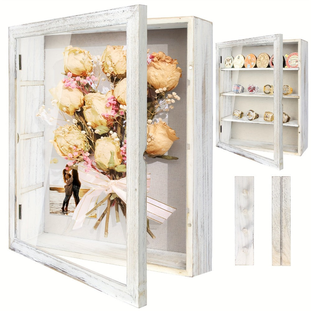 Shadow Box Frame 11x14 Large Memory Display Case with Linen Back - 4 Removable Shelves for Medals, Coins, Rings, Pins, Photos & Flowers | Deep Shadow Box for Collections, Country Farmhouse Style