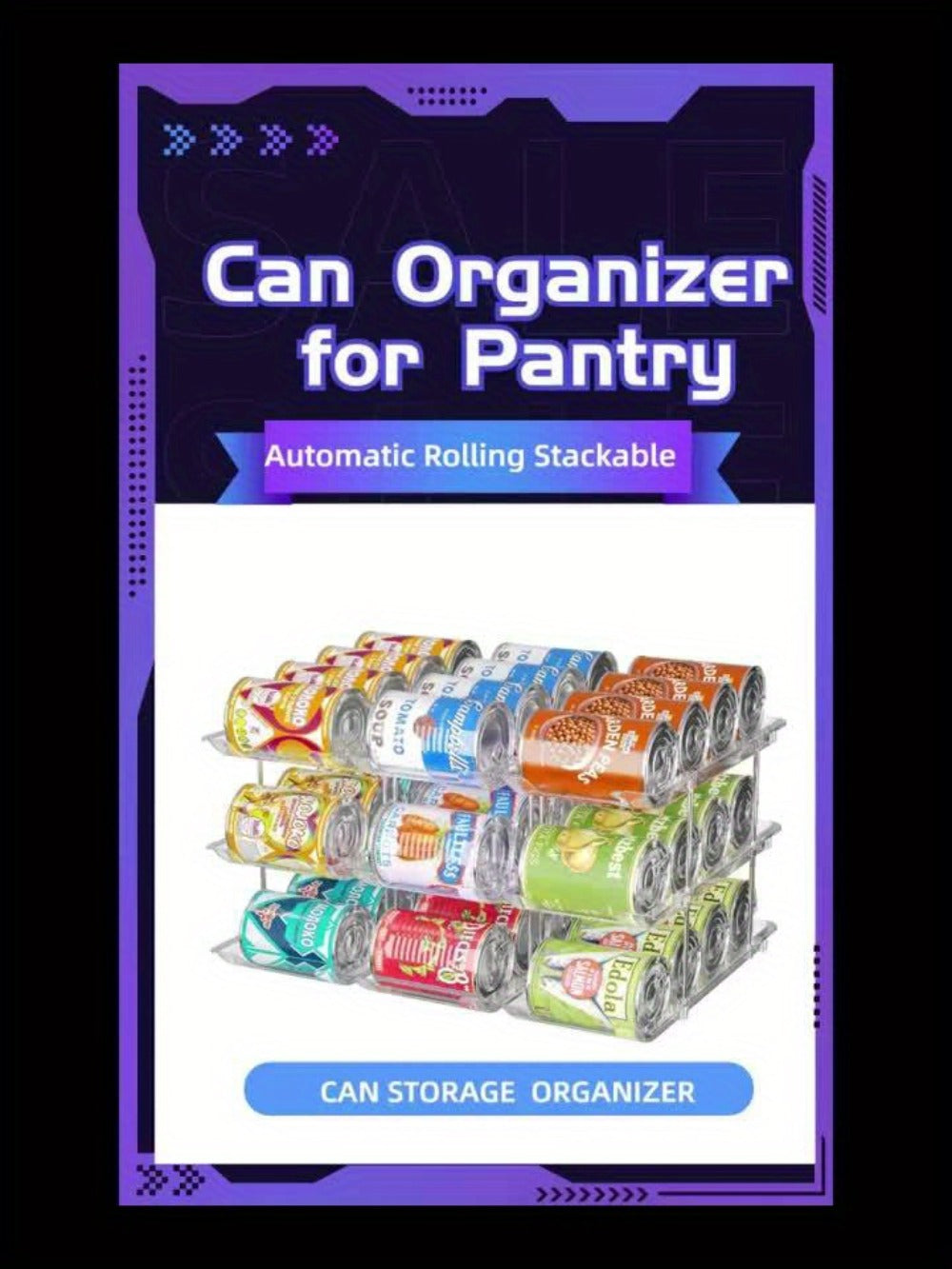 Can Organizer Rack for Pantry Fridge 3-Tier Stackable Rolling 36 Capacity Clear Plastic Automatic Rolling Canned Food Storage Space Saving Kitchen Organizer 3 Sets