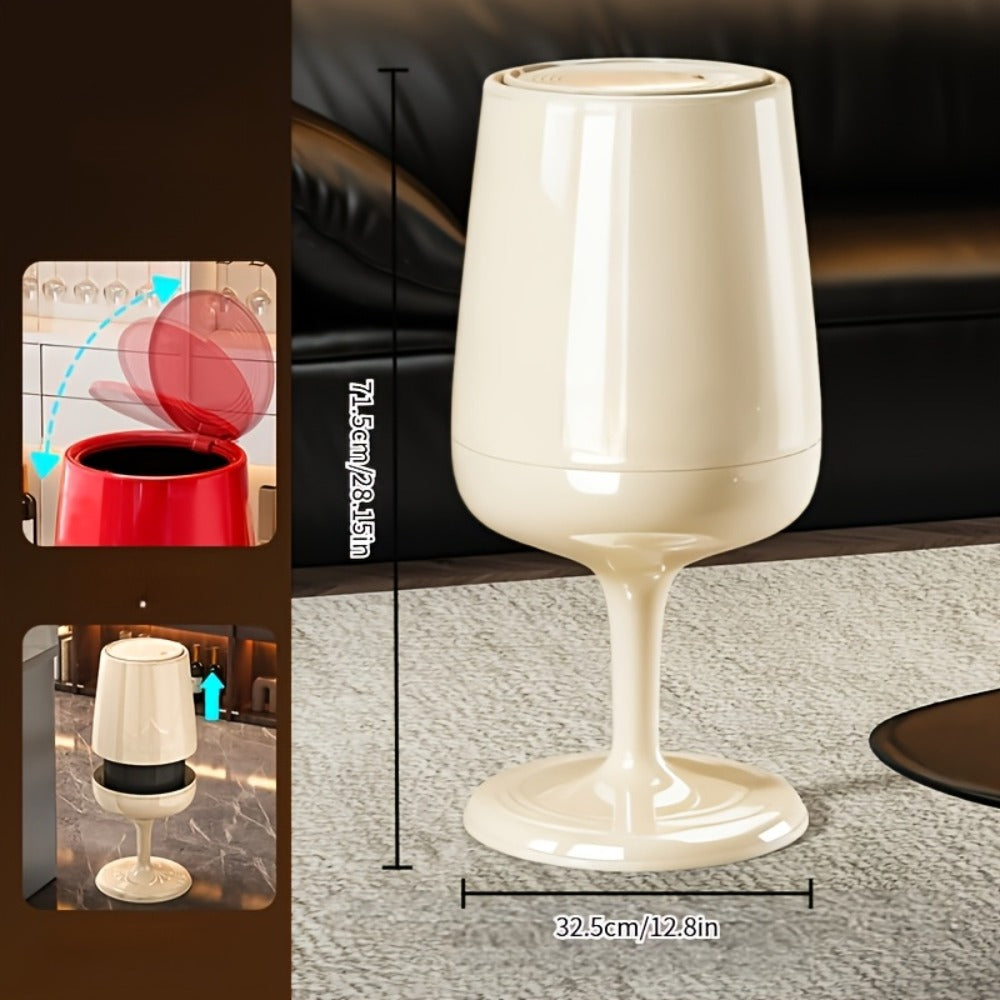 Wine Glass Shaped Trash Can Large Capacity Decorative Waste Bin with Press Pop Lid, No-Bend Standing Design, Luxury Stylish Dual-Bucket for Living Room Kitchen Bedroom Home Decor