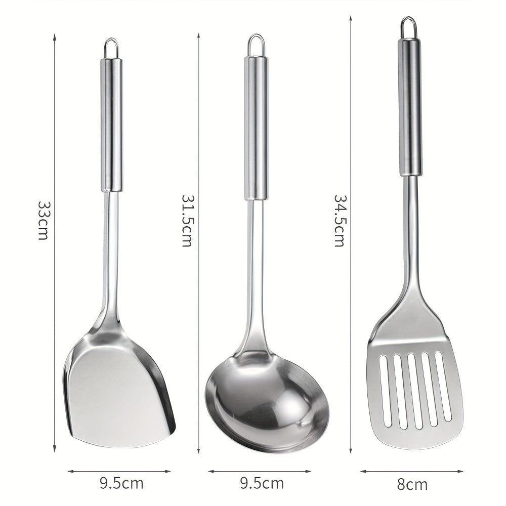 Stainless Steel Cooking Utensil Set 9 Piece for Nonstick Cookware ¨C 304 Grade, Heat Resistant Ergonomic Handles, Dishwasher Safe, Space Saving Kitchen Tools with Hanging Holes for Home & Professional Chefs