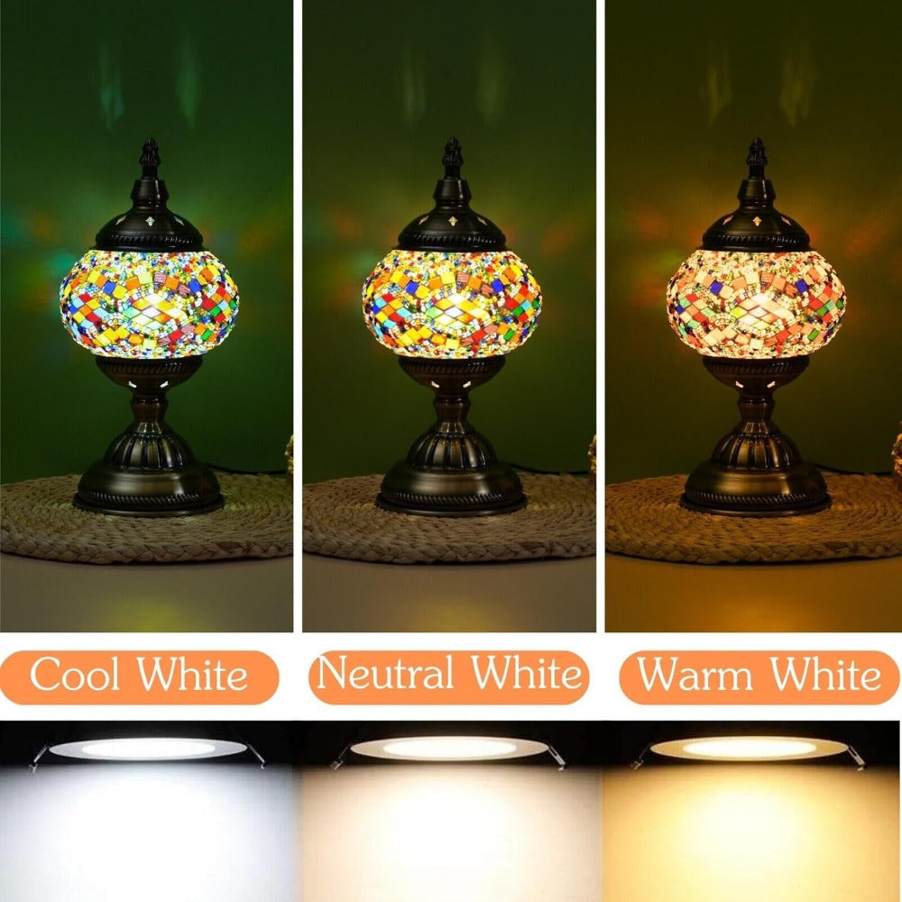 Mosaic Table Lamp Handcrafted Turkish Glass Bedside Lamp 3-Color Dimmable with Metal Base Bulb Included
