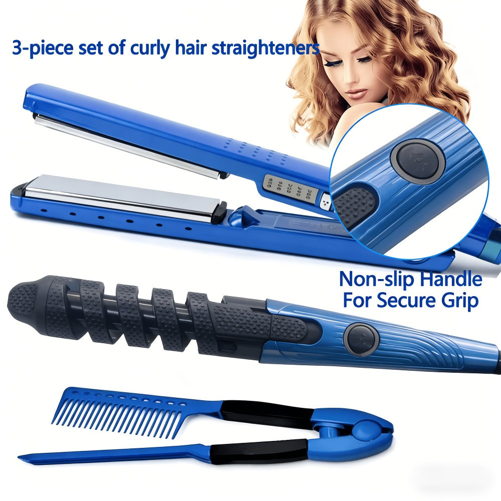 3-in-1 Hair Styling Set Flat Iron Curling Iron & Styling Comb, Anti-Scald Hair Straightener & Curler for Big Waves Straight Hair Curls, Professional Hair Tools Gift for Women, Mother's Day Birthday