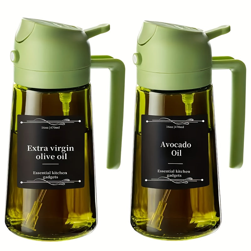 Olive Oil Dispenser Bottle 2-in-1 Glass Oil Sprayer & Dispenser 16oz Kitchen Cooking Oil Bottle with Labels for BBQ, Salad, Air Fryer & Grilling ¨C 2 Pack