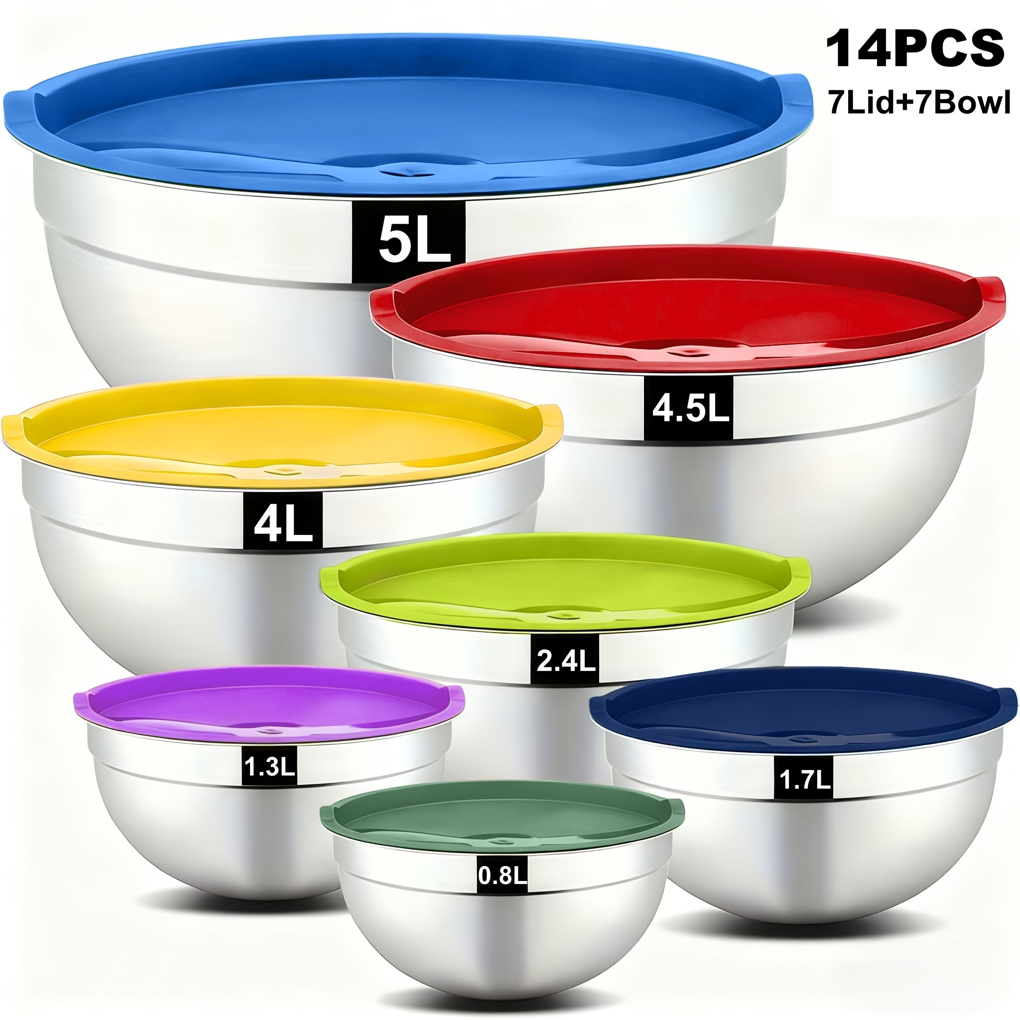 Stainless Steel Mixing Bowls with Airtight Lids Set of 14 Seven Nesting Bowls 0.7 to 4.5QT for Mixing Serving Salad Food Prep Kitchen Storage