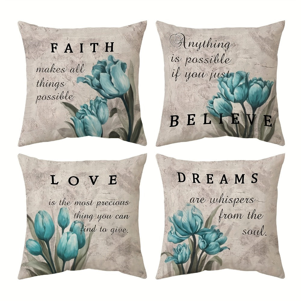 Teal Tulip Throw Pillow Covers 4 Pack Floral Farmhouse Decorative Cushion Covers for Sofa Couch Bed Patio Outdoor Living Room 18x18 Inch Zipper Closure Machine Washable