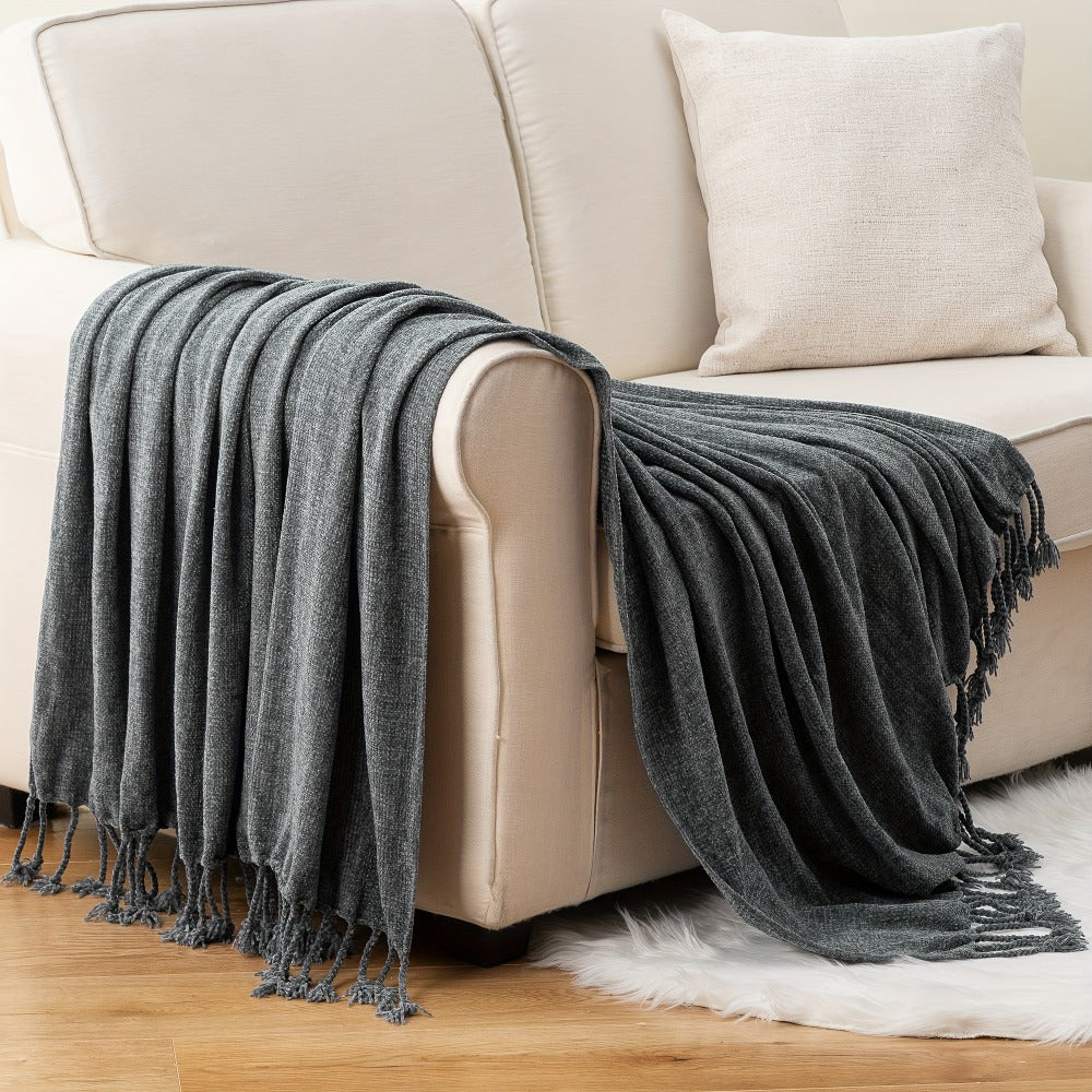 Chenille Fringe Throw Blanket ¨C 180-200gsm Velvety Soft Decorative Throw for Sofa & Couch, Home Decor, 50¡±¡Á60¡±, 17 Colors