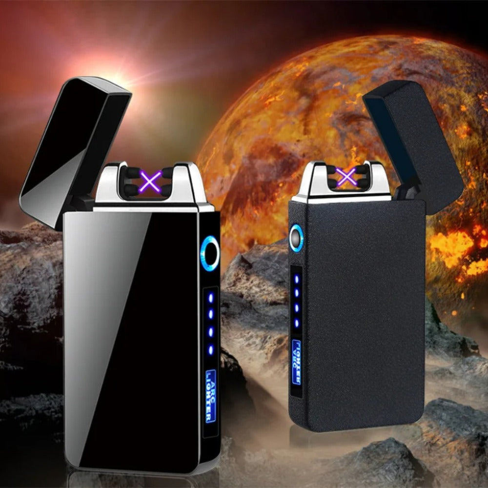 USB Electric Lighter Dual Arc Plasma ¨C Windproof Flameless Rechargeable Lighter with LED Power Display, Touch Sensor, Metal Body, Ideal for Outdoor Camping Candles Holiday Gift (No Battery Required)