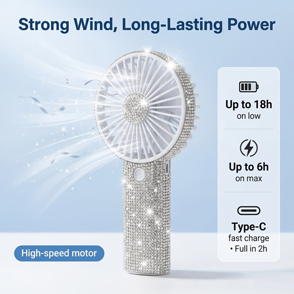 Rhinestone Handheld Fan Mini USB Rechargeable, Crystal Diamond Sparkling Personal Fan 3-Speed for Women and Girls, Elegant Portable Fan for Wedding, Outdoor, Travel, Office and Indoor Use