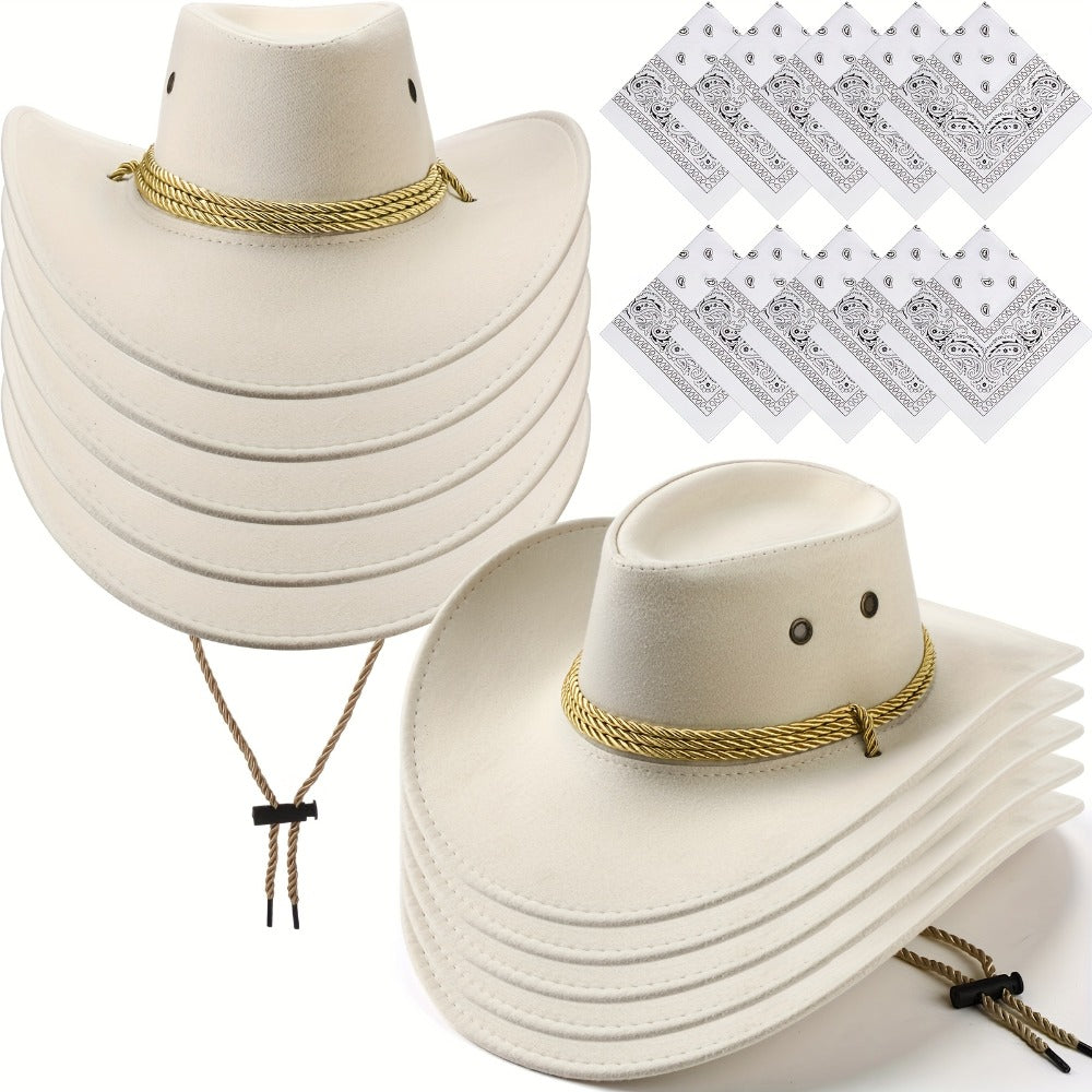 Cowboy Hat and Bandana Set 10-Pack | Bulk Cowgirl Western Hats with Polyester Bandanas for Adults Costume Party Halloween Birthday Rodeo Country Theme Events