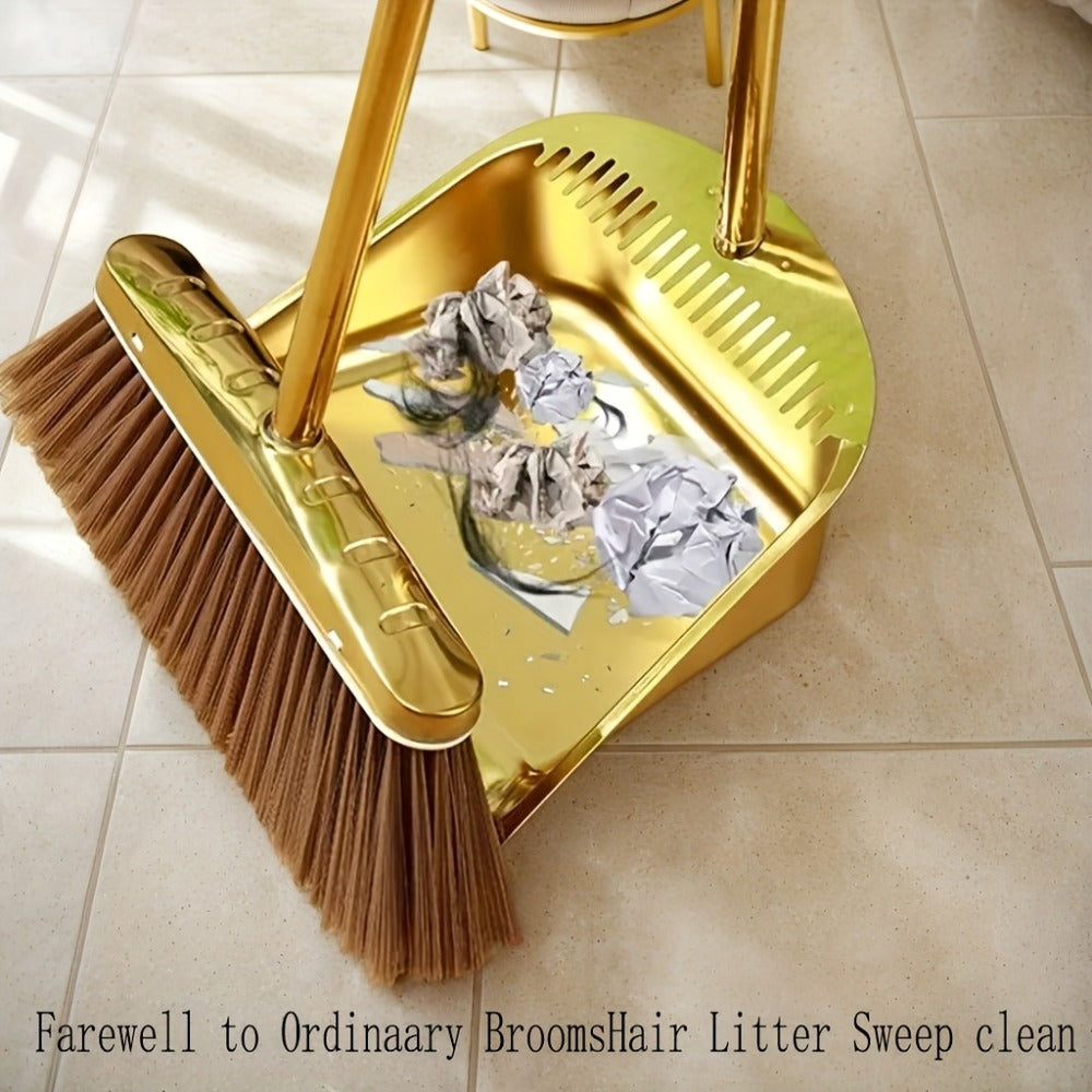 Broom and Dustpan Set Premium Golden Stainless Steel Extra Long Handle Microfiber Bristles V-Shape Leakproof Dustpan Heavy Duty Indoor Outdoor Sweeper for Kitchen Patio Hardwood Tile Floor