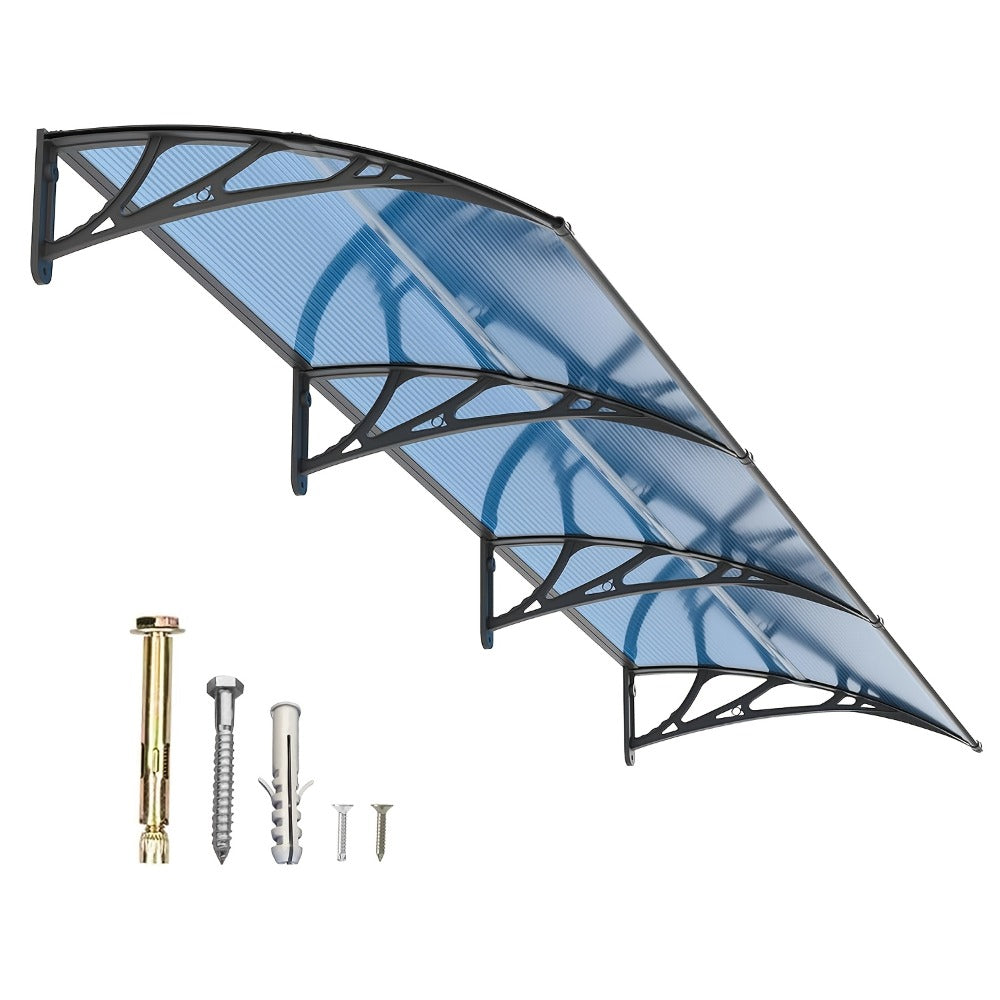 Polycarbonate Window Awning Door Canopy - UV Rain Snow Sun Protection Overhang for Doorways, Patio & Windows, Multiple Sizes, Black/Gray Bracket with Blue/Clear/Brown Board