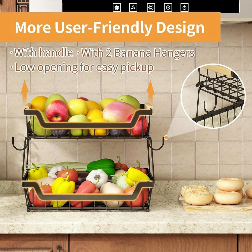 Fruit Basket with Banana Hanger, 2-3 Tier Metal Countertop Organizer with Wooden Handle ¡ª Detachable Kitchen Storage Stand for Fruits, Vegetables & Bread | Large Capacity | Black