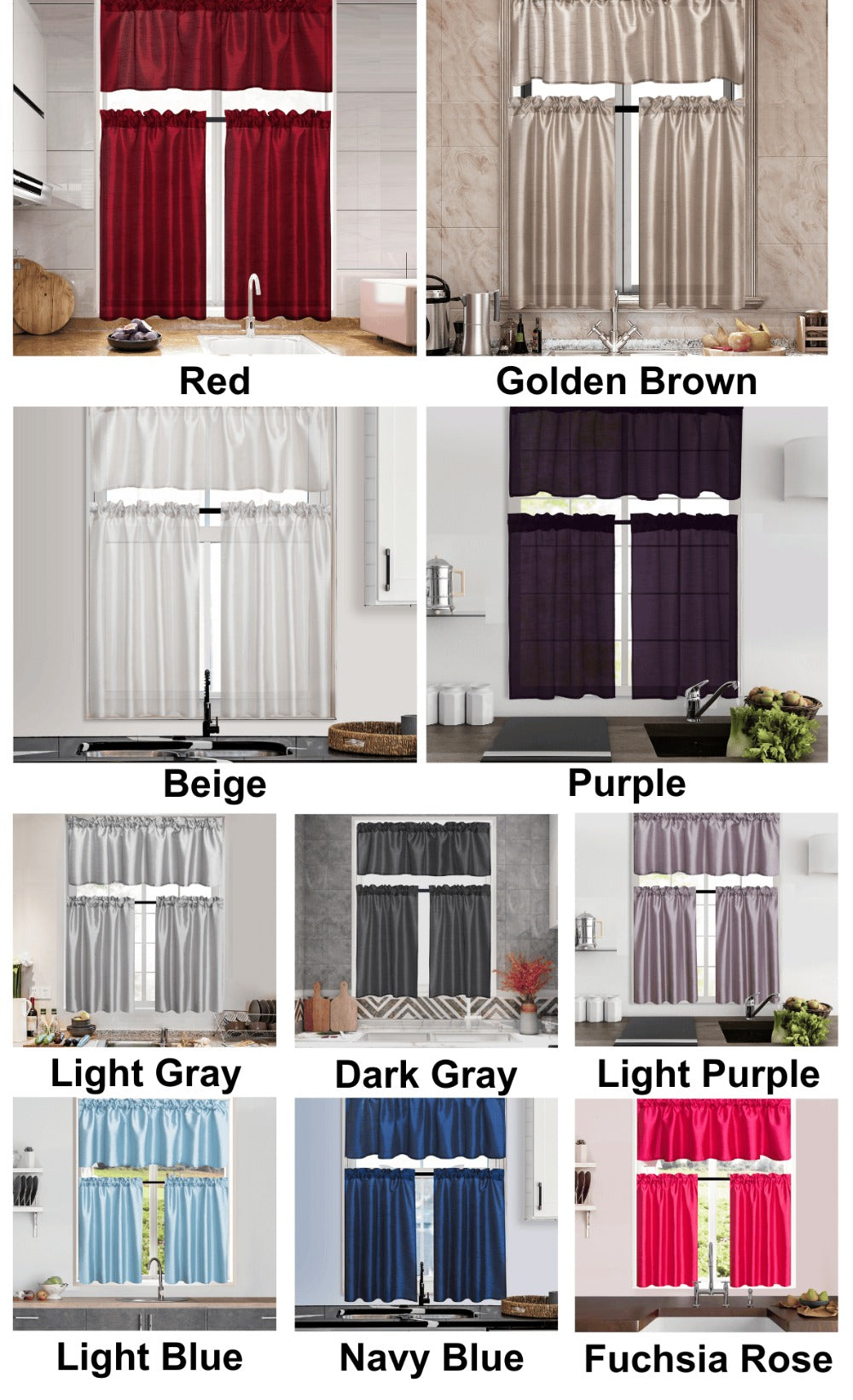 Kitchen Curtains 3 Panels Faux Silk Sheer Tier and Valance Set Rod Pocket 2 Tiers 26x36 inch + Valance 52x14 inch for Kitchen Bathroom Window Drapes