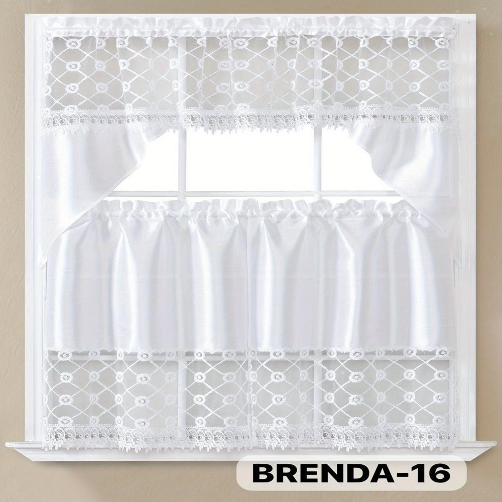 Kitchen Curtains 3 Piece Set Embroidered Satin Valance and Tiers - Rod Pocket Light Filtering Machine Washable 46 Colors Available All Season Home Decor