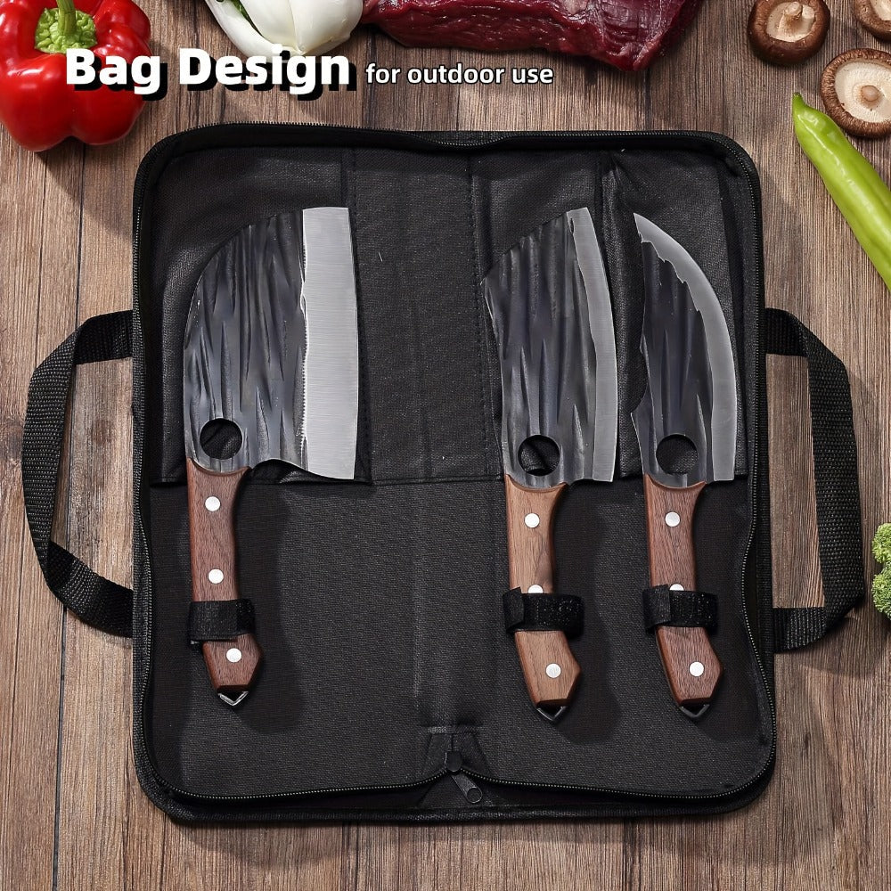Viking Hand-Forged Butcher Knife Set ¨C High Carbon Steel Meat Cleaver, Boning & Carving Knife, Vegetable Knife for BBQ & Camping, with Carrying Case