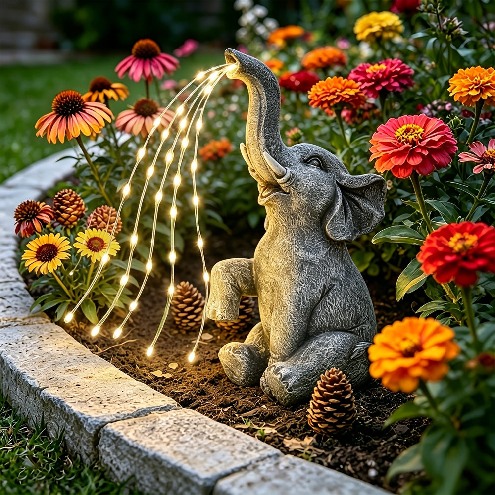 Solar Garden Elephant Sculpture Light - Outdoor IP44 Waterproof LED Lucky Elephant Water Spraying Ornament with Solar Powered Garden Lights for Patio Balcony Porch Deck Yard Thanksgiving Halloween Gift