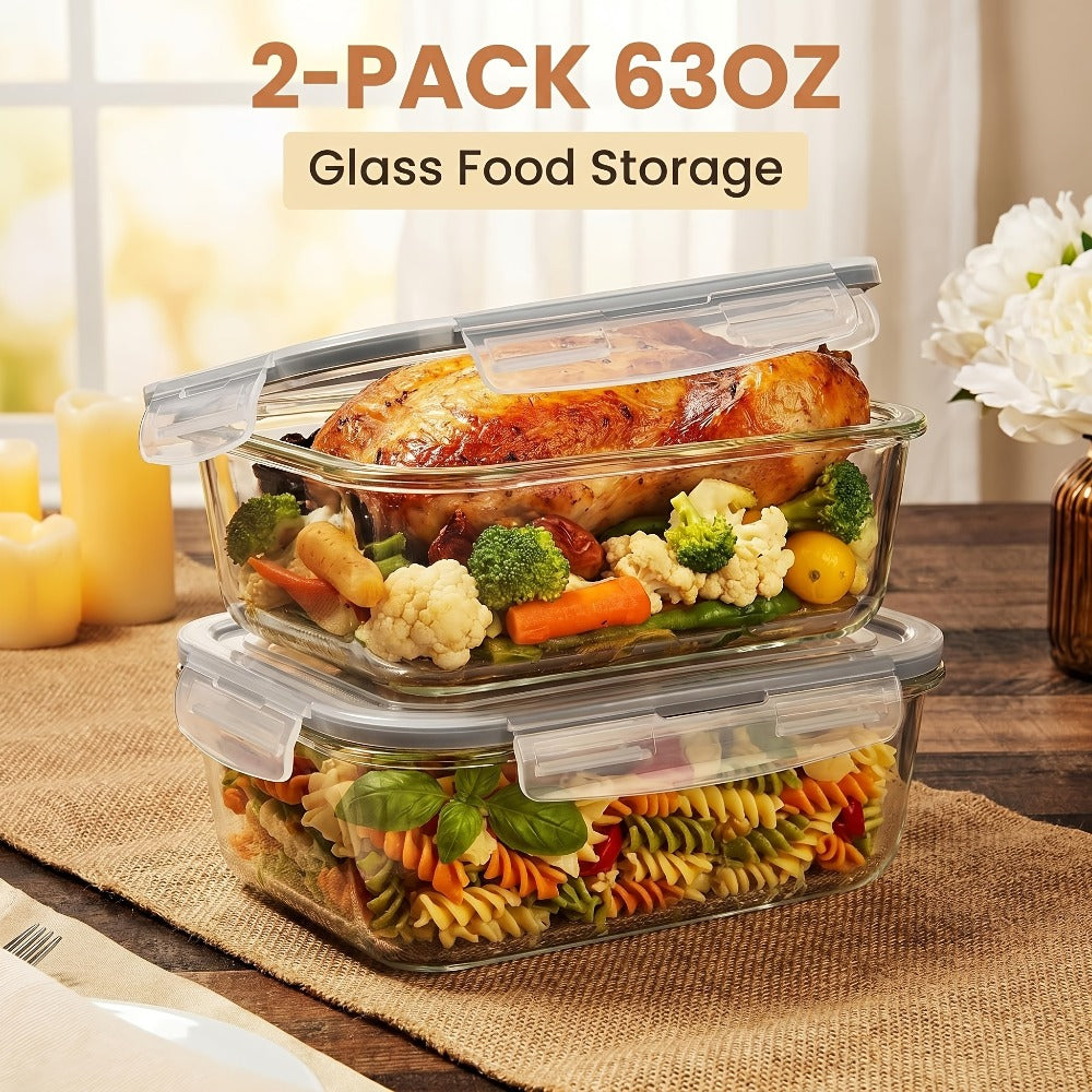 Glass Food Storage Containers with Lids 2 Pack ¨C 63oz Large Airtight Snap Lock Meal Prep Containers, Leak Proof Glass Dish with Lid for Oven, Microwave & Refrigerator, Food Transport Tubs