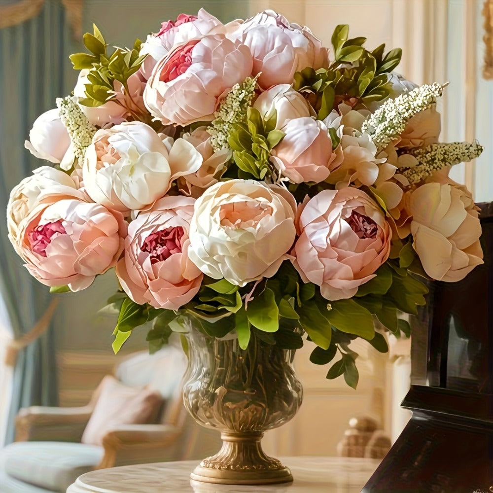 Faux Peonies Hydrangeas Artificial Flowers Vintage Silk Bouquet - Pink Green Mix Floral Centerpiece for Bridal Wedding Home Table Decor Rustic Farmhouse Arrangement