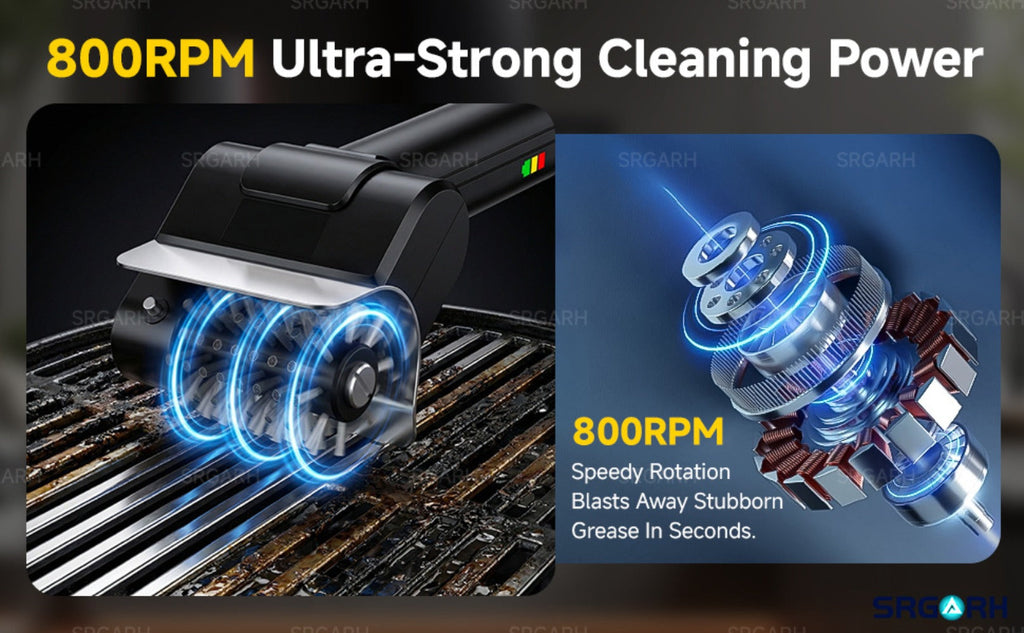Electric BBQ Grill Brush Cordless Rechargeable Grill Cleaner with 800 RPM Rotating Head, 2000mAh Battery, 304 Stainless Steel Bristles ¨C Outdoor Grilling Tool, Father's Day Gift