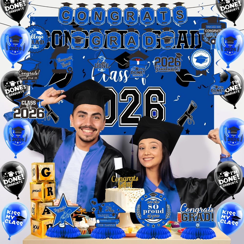 2026 Graduation Decorations Set ¨C Congrats Grad Banner, Backdrop, Hanging Swirls & Honeycomb Table Toppers, Class of 2026 Party Supplies Kit
