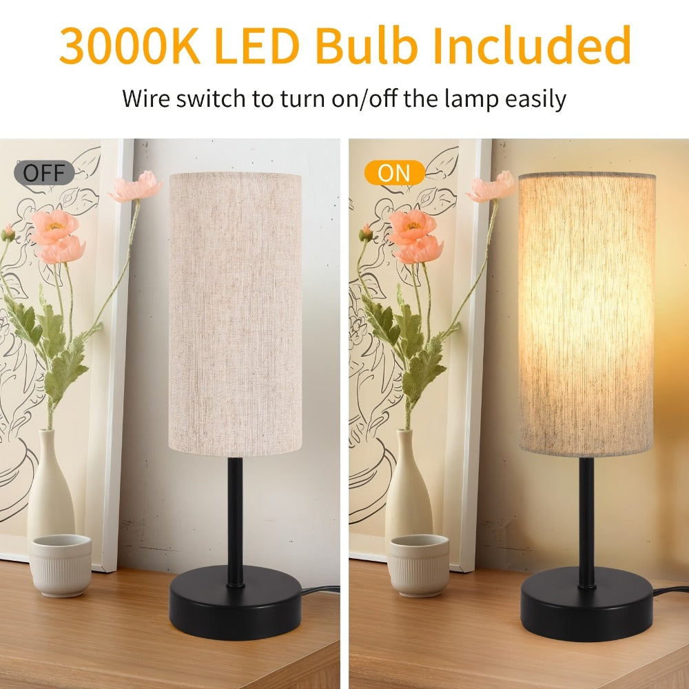 Small Bedside Table Lamp Set of 2 ¨C Linen Shade Nightstand Lamp with Cord Switch, 5W LED Bulb Included, Compact Desk Light for Bedroom Living Room Children's Room Office Dorm (Black / Beige Black)