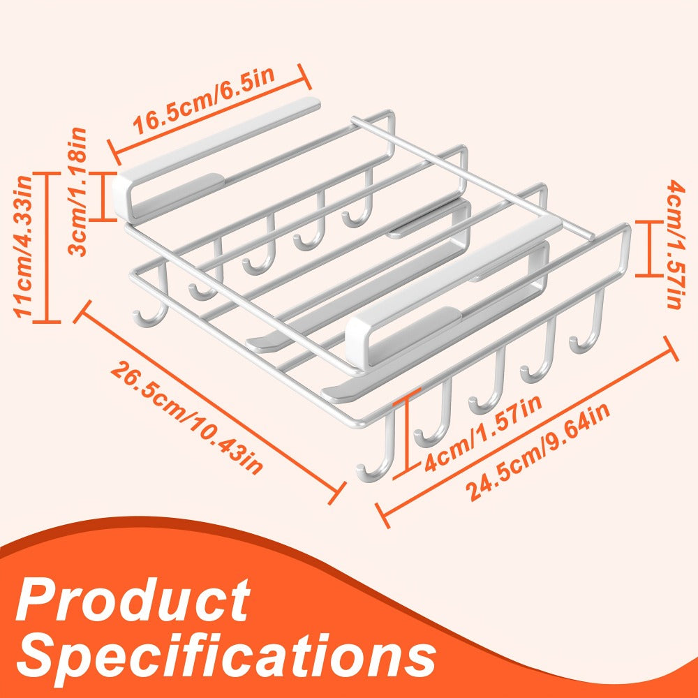 Under Cabinet Organizer Rack with Hooks ¨C Heavy Duty Carbon Steel Kitchen Shelf for Utensils, Towels, Cups & Cutting Boards ¨C No-Drill Door-Mount Space-Saving Kitchen Storage