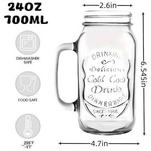 24oz Mason Jar Drinking Glasses with Handle 4 Pack ¨C Party Beverage Cups, Dishwasher Safe Glass Mugs