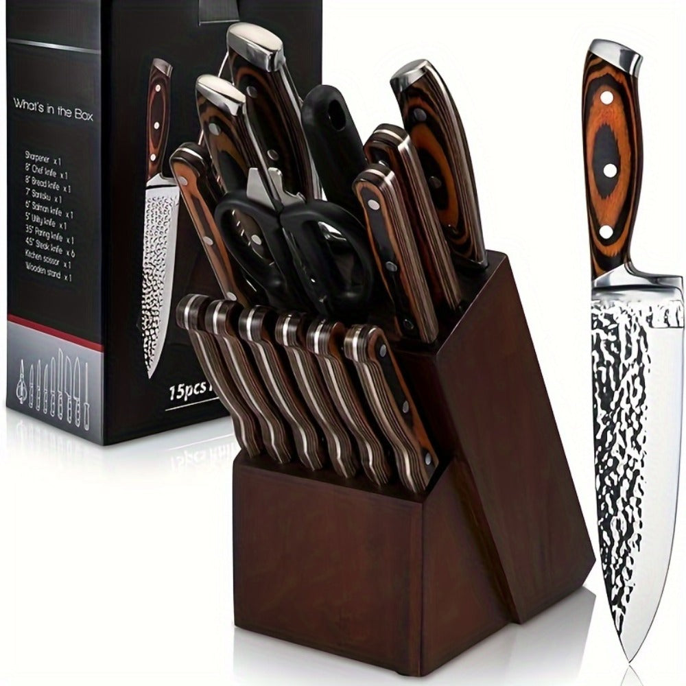 Kitchen Knife Set 15 Piece ¨C Chef Knife Block Set with Self-Sharpening Wooden Block, Steak Knives & Hammered Stainless Steel Blades, Perfect Gift for Home Cooks & Men