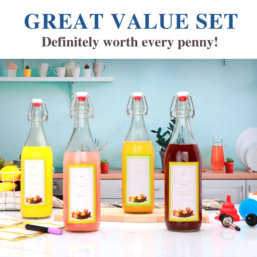 Flip Top Glass Bottles with Stopper 16oz | Airtight Swing Top Bottle for Kombucha, Juice, Vinegar, Honey, Vanilla Extract ¨C Kitchen Storage Set