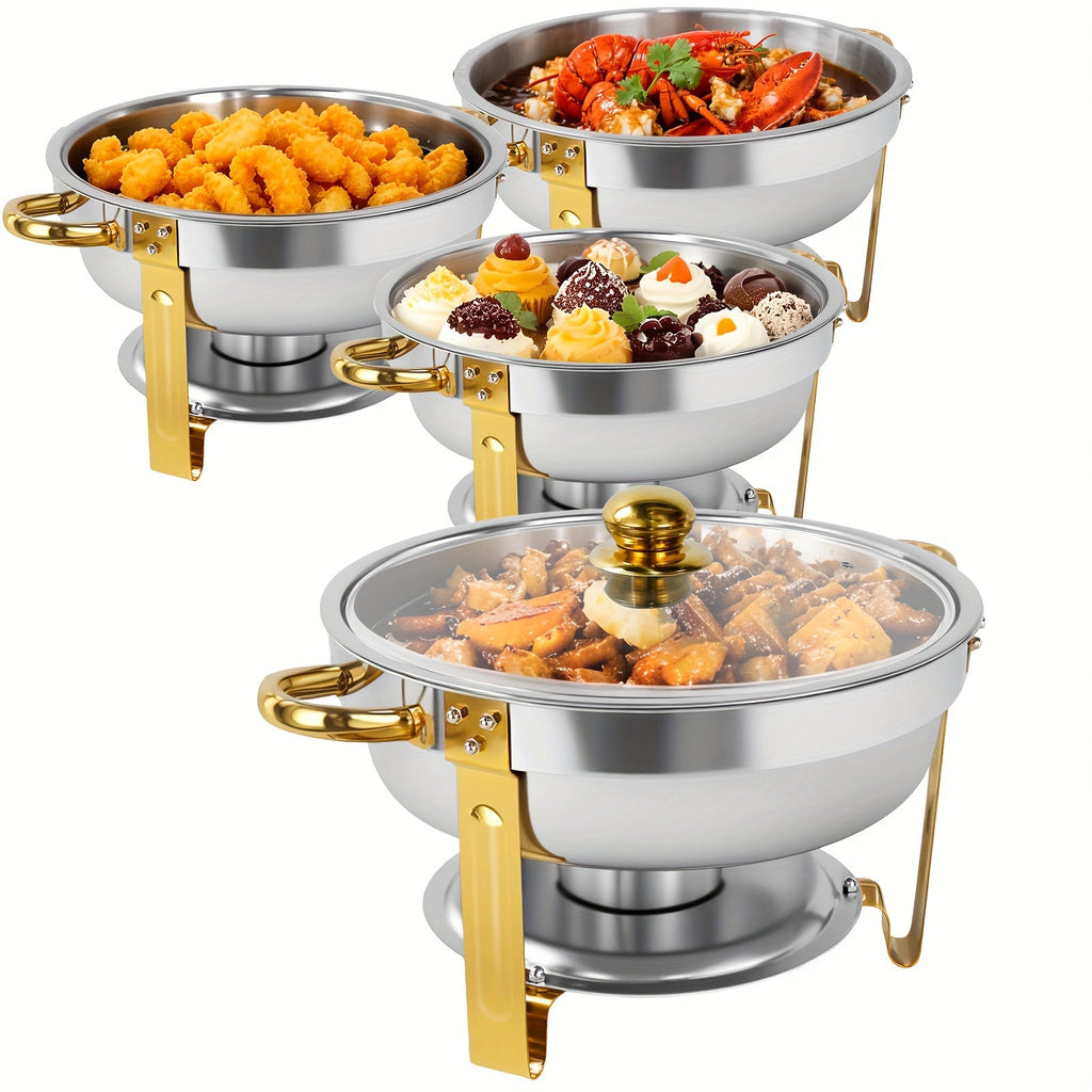Golden Chafing Dish Buffet Set with Glass Lid 6QT Round Stainless Steel Food Warmer Chafer for Catering Party Dinners Weddings, Titanium Gold Finish, 2 & 4 Pack