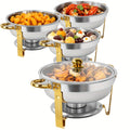 Golden Chafing Dish Buffet Set with Glass Lid 6QT Round Stainless Steel Food Warmer Chafer for Catering Party Dinners Weddings, Titanium Gold Finish, 2 & 4 Pack