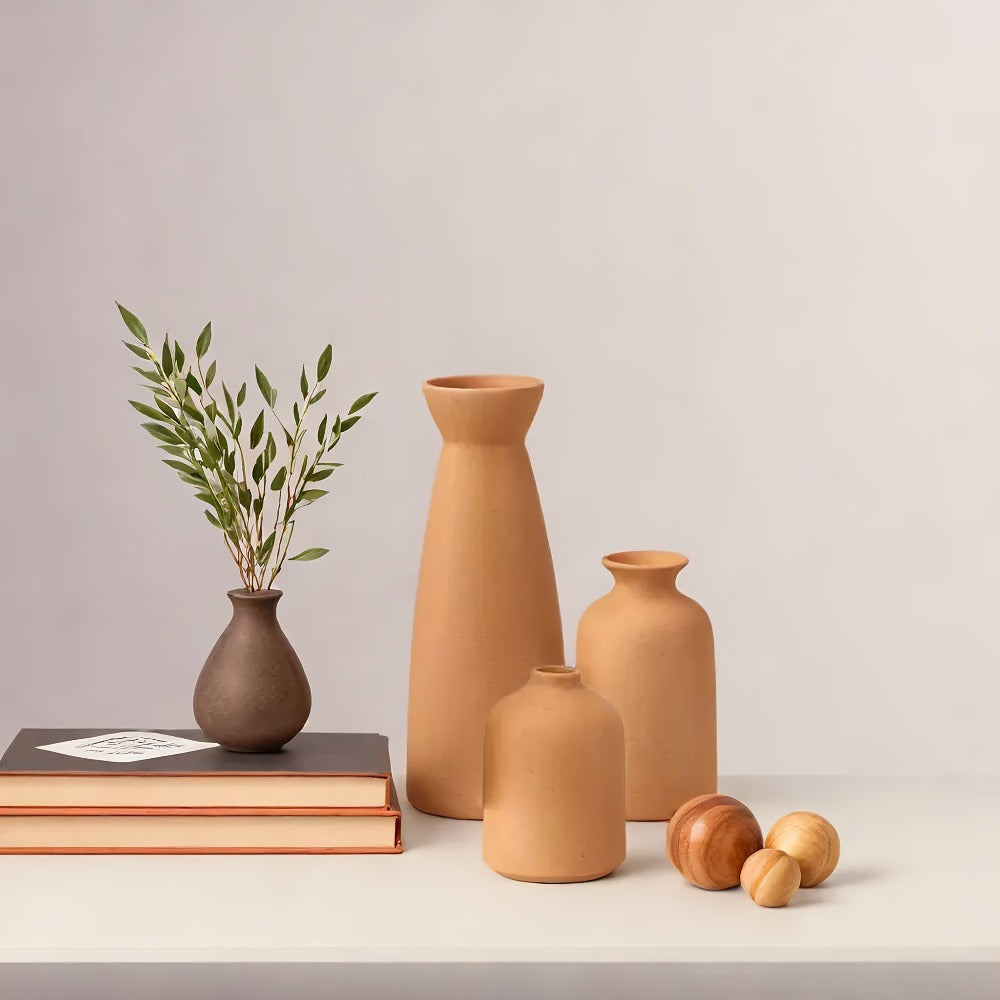 Boho Ceramic Vase Set 3pcs - Matte Nordic Minimalist Geometric Floral Design for Home Decor, Living Room, Entryway, Bookshelf & Bathroom Vanity, Modern Bohemian Decorative Vases, Holiday Gift
