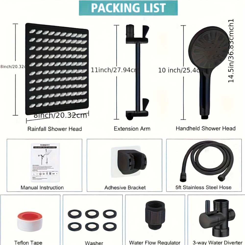 High Pressure Shower Head Combo with Handheld Shower Wall Mounted 9 Spray Settings Rainfall Shower System Adjustable Angle Leakproof with Hose for Modern Bathroom Chrome Matte Black