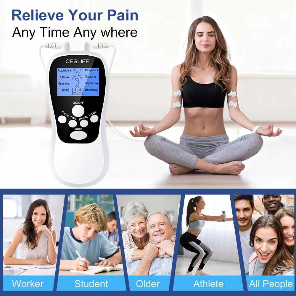 TENS Unit Muscle Stimulator for Pain Relief Digital EMS Therapy Device for Back Neck Hip Nerve Pain Arthritis Tendonitis Stiffness Recovery Post-Workout Relaxation with Accessories 6-Mode and 8-Mode