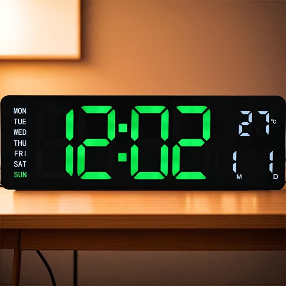 Large Digital Wall Clock 16 Inch LED Color Display, Smart Auto-Dimming 10-Level Brightness, Time Temperature Humidity Monitor, Dual Alarm with Snooze, USB Powered with Remote Control for Living Room Office Bedroom