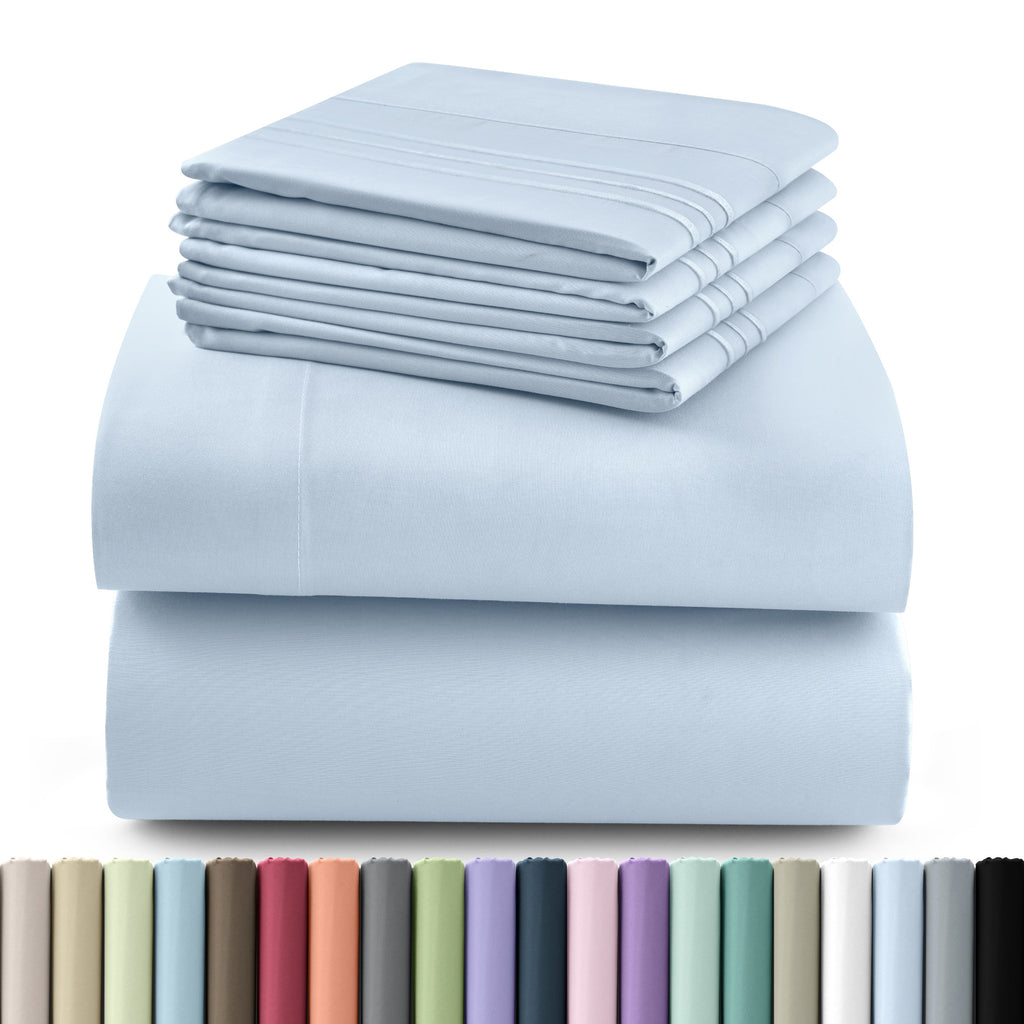 Fitted Sheet Set 6-Piece Brushed Polyester Deep Pocket Bed Sheets 20 Colors Hotel Luxury Soft Bedding with Embroidered Pillowcases