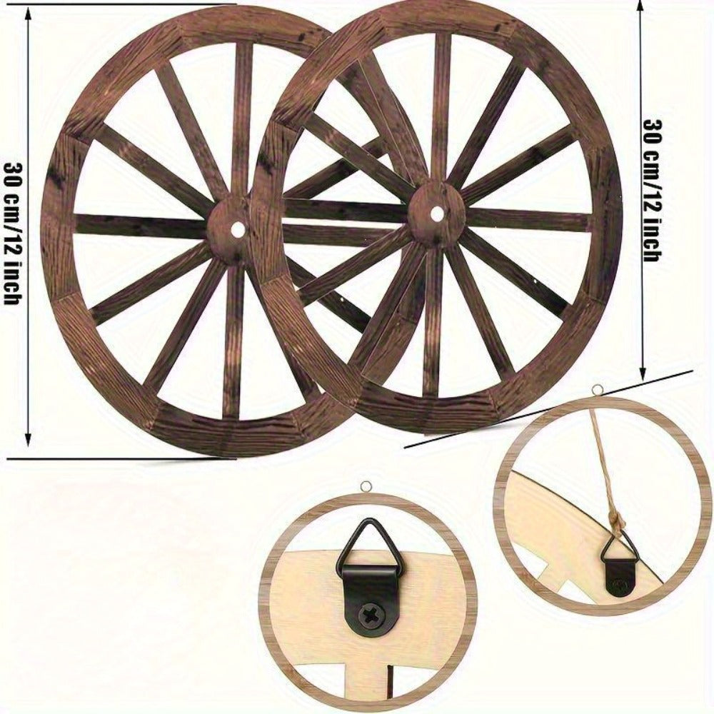 Wooden Carriage Wheel Wall Decor 2pcs - Rustic Western Farmhouse Wood Wagon Wheel Hanging Plaque for Home, Office, Garage, Bar & Country Party, Natural Grain Texture, Indoor Wall Art