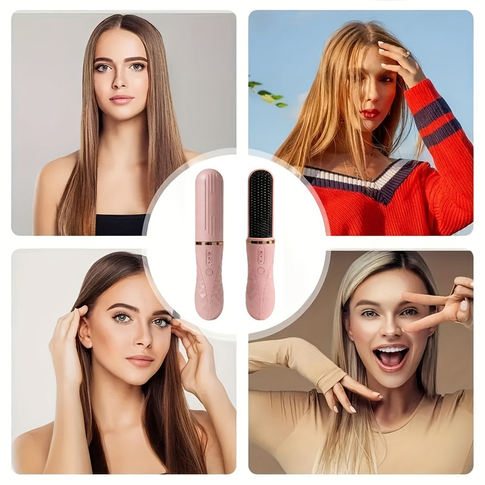 Cordless Hair Straightener Brush USB-C Rechargeable 2000mAh Lithium Battery 3-Level Temperature Control Dual-Use Straightening and Curling Portable Travel Styler for Women