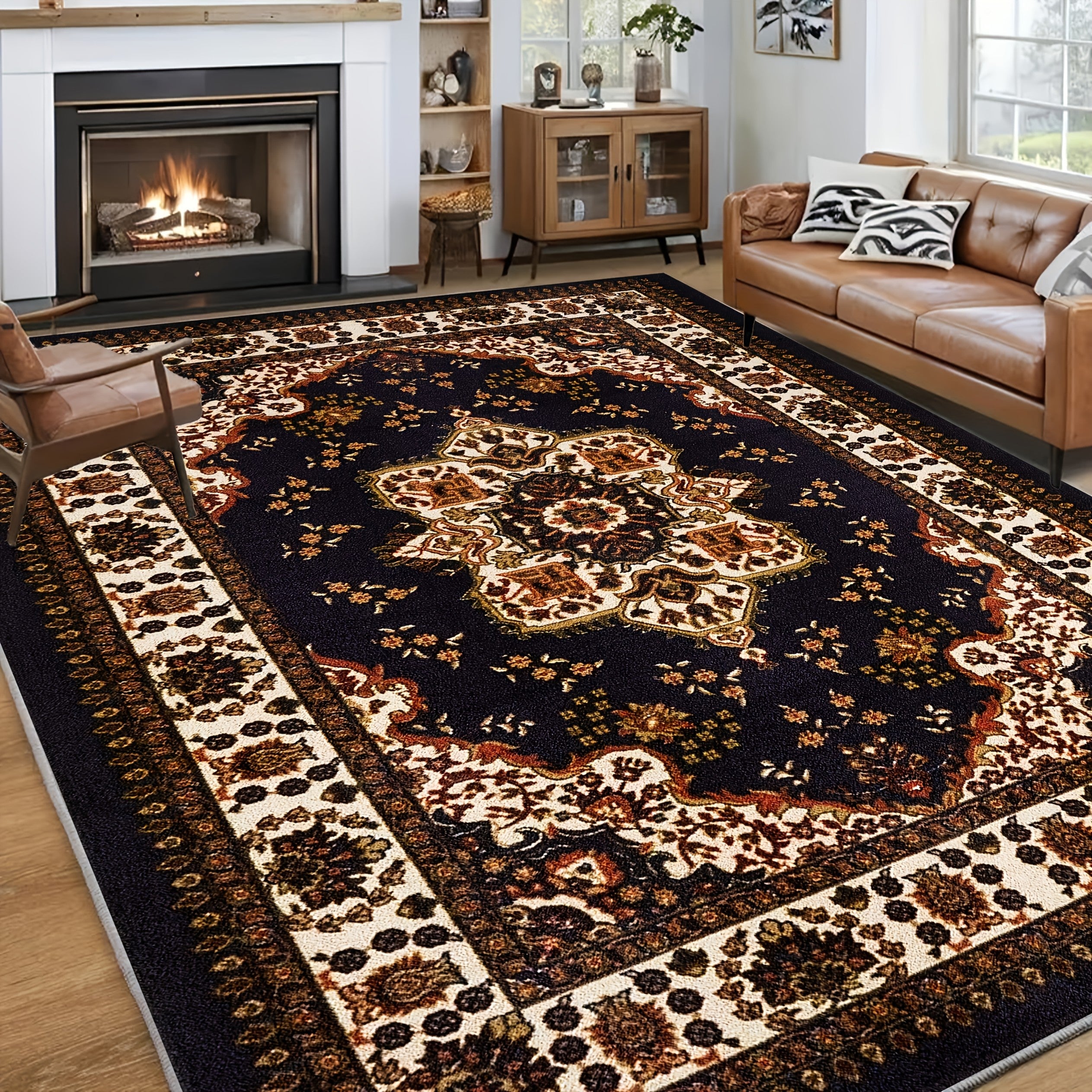Bohemian Round Rug Large - Soft Non-Slip Machine Washable Vintage Area Rug for Living Room Bedroom Floor Decor