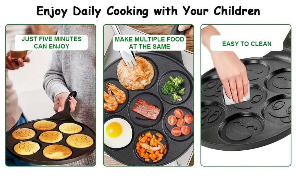 Non-Stick Pancake Pan 7-Hole Smiley Face ¨C Fun Breakfast Egg & Bacon Frying Tray for Kids & Family, Easy to Clean, Mini Pancake Maker Baking Pan Kitchen Cooking Tool