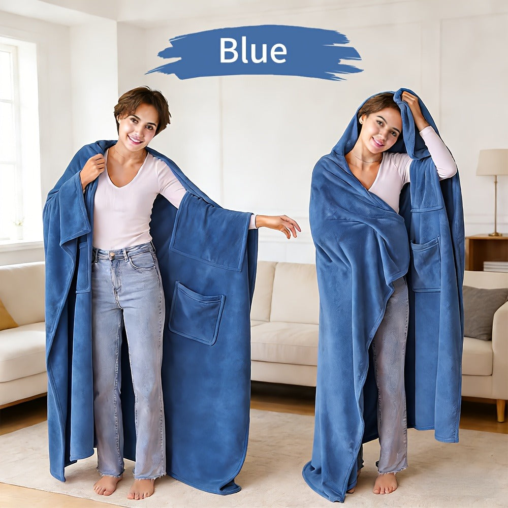 Wearable Blanket Shawl with Inner Pocket - Soft Flannel One-Piece Wrap for Adults Women Men, Cozy Sofa Travel Blanket Machine Washable, Grey Dark Blue Black