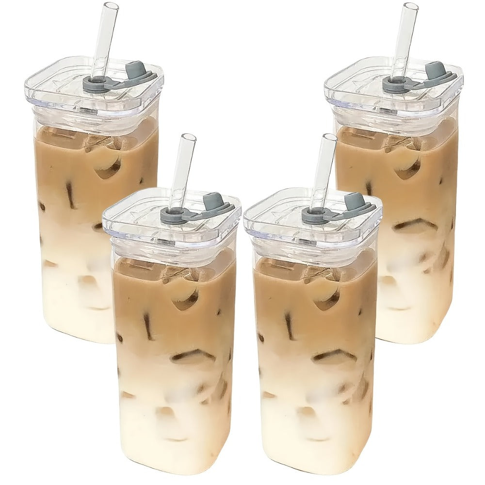 Square Glass Cups with Lids and Straws Set - 13oz BPA-Free Coffee Drinking Glasses for Home Office Outdoor