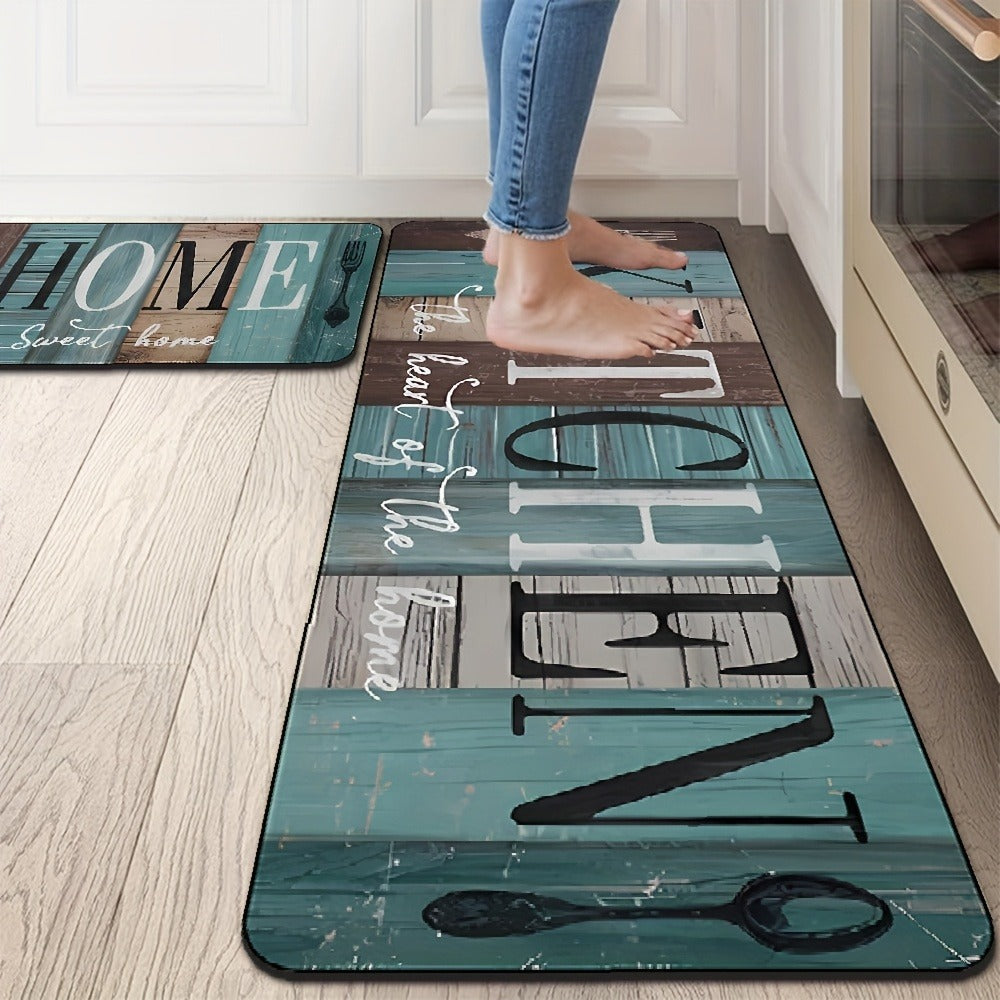 Diatomaceous Earth Kitchen Mat Set 2pcs - Non-Slip Anti-Fatigue Rug for Kitchen Bathroom Bedroom Hallway, Green Brown Wood Plank Pattern, Easy Clean